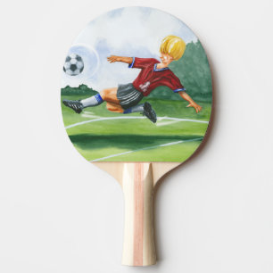 Fußball-Spieler, der einen Ball durch Jay Tischtennis Schläger