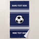 Fußball-Spieler-Name oder Team-Name Ihre Strandtuch<br><div class="desc">Cooles FußballBadetuch, das ein perfektes Geschenk für einen Fußballspieler oder gesamtes ein Fußballteam oder -trainer macht. Ändern Sie die Farbe, um Ihre Fußballteamfarben zusammenzubringen. Ausrüstungsbeschreibungen ein großes Fußbalball-Set gegen einen gestreiften Entwurf. Fügen Sie Linie zwei des kundenspezifischen Textes hinzu - addieren Sie Ihren Teamnamen, Turniernamen, der Name des Spielers, Zahl,...</div>