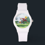 Fußball-Spieler spielen einen Ball von Jay Throckm Armbanduhr<br><div class="desc">Ein Fußball hängt in der Luft,  gewartet für den bösartigen Tritt,  den der Spieler gerade aufzieht,  um zu liefern. Kann er es wie Beckham biegen? Ein schönes Stück,  um an der Wand zu hängen oder als Geschenk an den Fußball-Liebhaber in Ihrem Leben!</div>