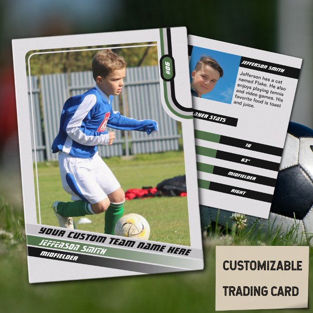 Fußball-Spielerkarte leicht grau grün Telefonnummerkarte (Soccer Player Trading Card in Light Grey with Custom Team Name and Green Black Elements)
