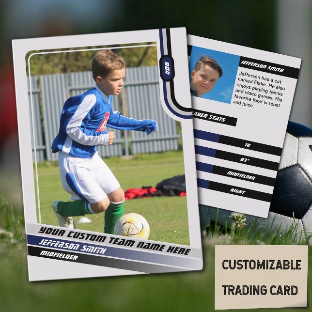Fußball-Spielerkarte Light Gray Blue Telefonnummerkarte (Soccer Player Trading Card in Light Grey with Custom Team Name and Blue Black Elements)