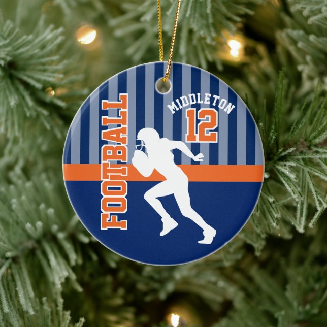 Fußball Sport in Dunkelblau und Orange Keramik Ornament (Baum)