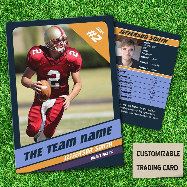 Fußball Team Trading Card Sport Geschenk Dunkelbla Telefonnummerkarte (American Football Player Trading Card in Dark Blue with Custom Team Name with Yellow Stripe
)