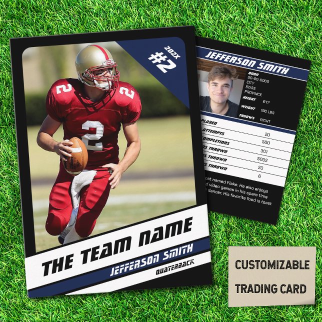 Fußball Team Trading Card Sport Geschenk Idee Grün Telefonnummerkarte (American Football Player Trading Card in Black with Custom Team and Player Name with Blue Stripes
)