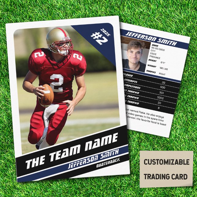 Fußball Team Trading Card Sport Geschenke Idee Bla Telefonnummerkarte (American Football Player Trading Card in White with Custom Team and Player Name with Blue Stripes
)
