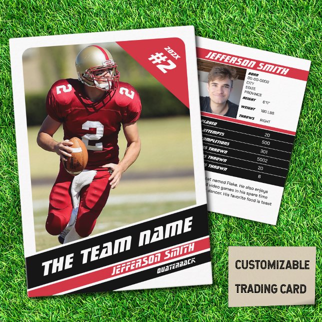 Fußball Team Trading Card Sport Geschenke Idee Rot Telefonnummerkarte (American Football Player Trading Card in White with Custom Team and Player Name with Red Stripes
)