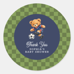 Fußball-Teddybär Karo-Retro-Baby-Party Runder Aufkleber