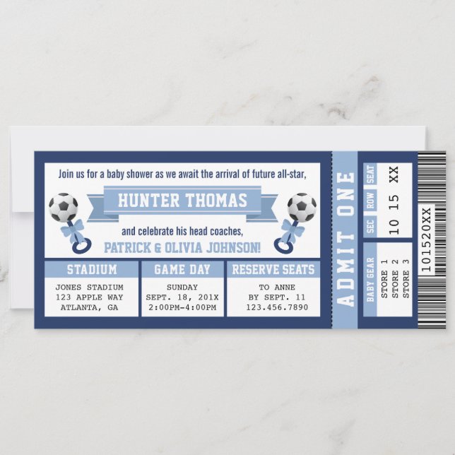 Fußball-Ticket Baby-Dusche Einladung, blau Einladung (Vorderseite)