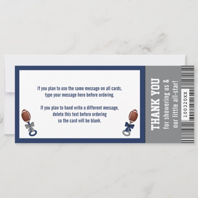 Fußball Ticket Dankeschön Karte, Baby Dusche Einladung (Vorderseite)