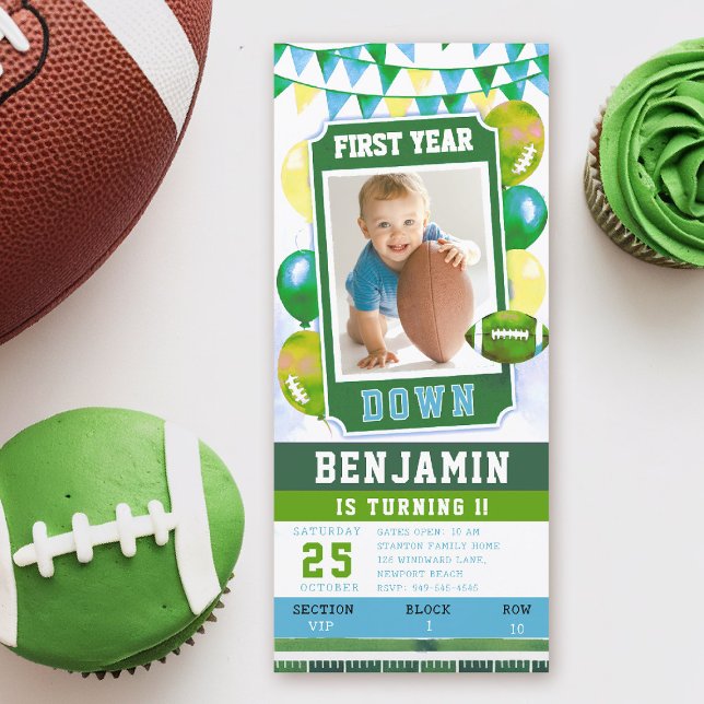 Fußball Ticket Green Boy 1. Geburtstag Einladung (first year down football birthday invitation photo watercolor sports ticket boy blue green balloons)