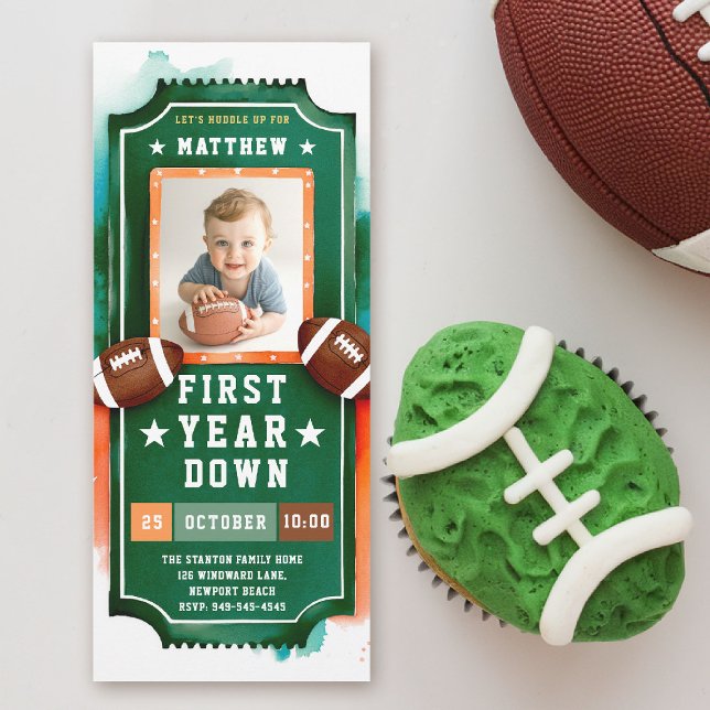 Fußball Ticket Green Foto Boy 1. Geburtstag Einladung (first year down football birthday invitation photo watercolor sports ticket boy green orange)