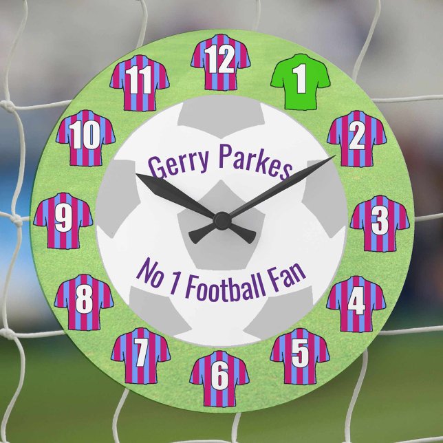 Fußball-Uhr - Shirts in Lot und Blau Große Wanduhr (Claret and blue football shirts on a  clock)