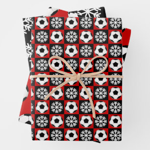 Fußball und Schneeflocke Rot und Schwarz Weihnacht Geschenkpapier Set