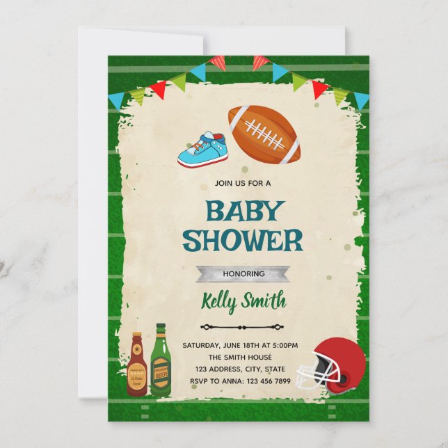 Fußball und winzige Zehen - Baby-Dusche Einladung (Vorderseite)