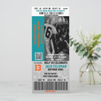Fußball VIP Ticket Aqua Blue & Orange Geburtstag Einladung