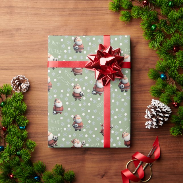Fußball-Weihnachtsmann auf Salbeigrün Geschenkpapier (Feiertagsgeschenk)