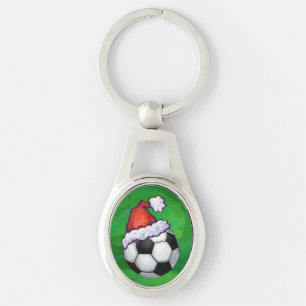 Fußball-Weihnachtsmannmütze auf Grün Schlüsselanhänger