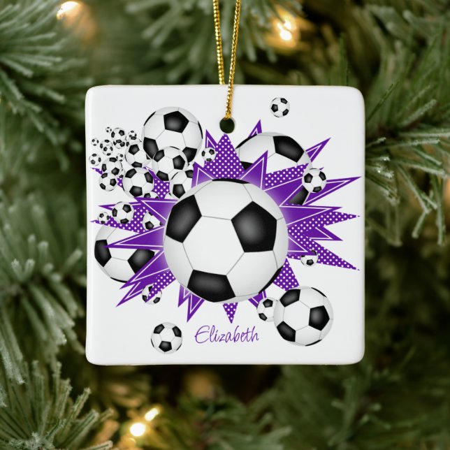 Fußballbälle lila Stars Girls Sport Keramikornament (Baum)