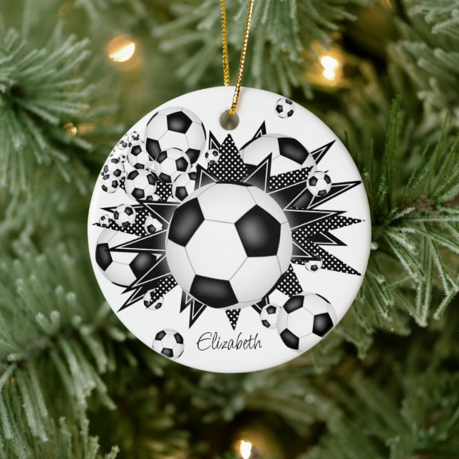 Fußballbälle Schwarz-weiße Stars Girls Sport Keramik Ornament (Baum)