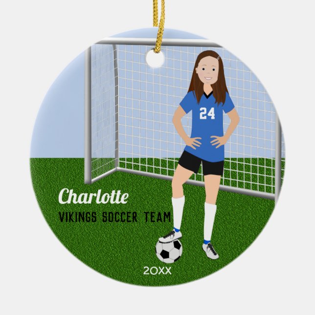 Fußballspieler Brünett in Blau Keramik Ornament (Vorne)
