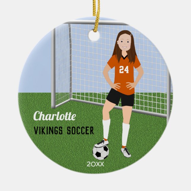 Fußballspieler Brünett in Orange Keramik Ornament (Vorne)