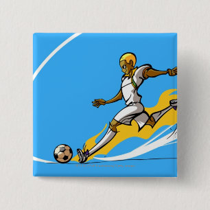 Fußballspieler, der einen Fußball tritt Button