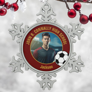 Fußballspieler-Foto High School in Burgunderrot un Schneeflocken Zinn-Ornament