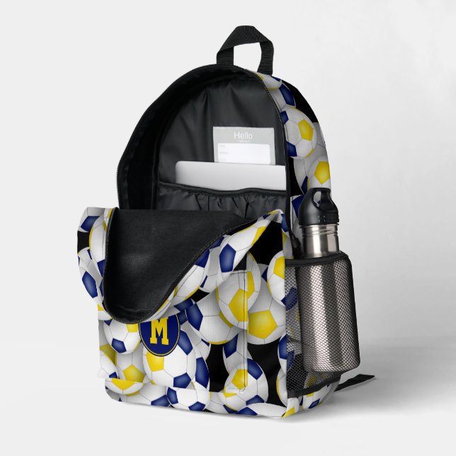 Fußballspieler mit Monogramm-Blaugoldfarben Bedruckter Rucksack (Rückseitige Ecke links (Offen) )