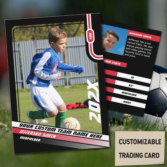 Fußballspielerkarte in Schwarz Rot Telefonnummerkarte (Soccer Player Trading Card in Black with Custom Team Name and Red White Elements)