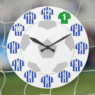 Fußballuhr - mit blauen und weißen Trikots Große Wanduhr