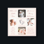 Fußspuren Mehrere Fotos Blush Birth Keepake Leinwanddruck<br><div class="desc">Mit diesem "Hello Little One"-4-Foto-Design, das den Namen Ihres Babys, die Geburtenstatistik, die Namen der Eltern und Geschwister enthält, erstellen Sie einen so einzigartigen Geburts-Sake wie Ihr wertvolles Kind. In der Mitte befinden sich zwei Vorlagenzeilen für Ihre persönliche Nachricht oder Sie können unsere verwenden. Diese Nachricht ist oben und unten...</div>