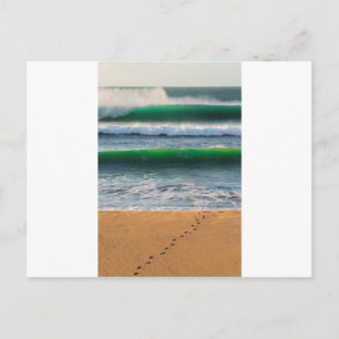 Fußspuren von Surfern auf einem Sandstrand und grü Postkarte
