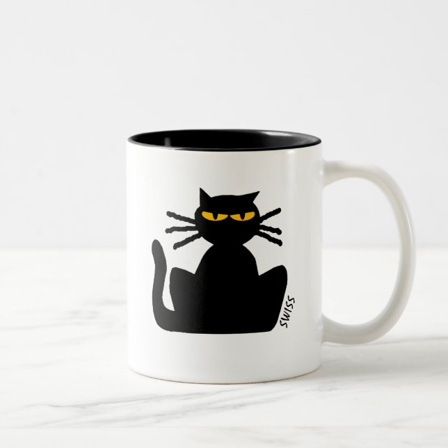 Fussy Black Cat mit orangefarbenen Augen sitzend S Zweifarbige Tasse (Rechts)