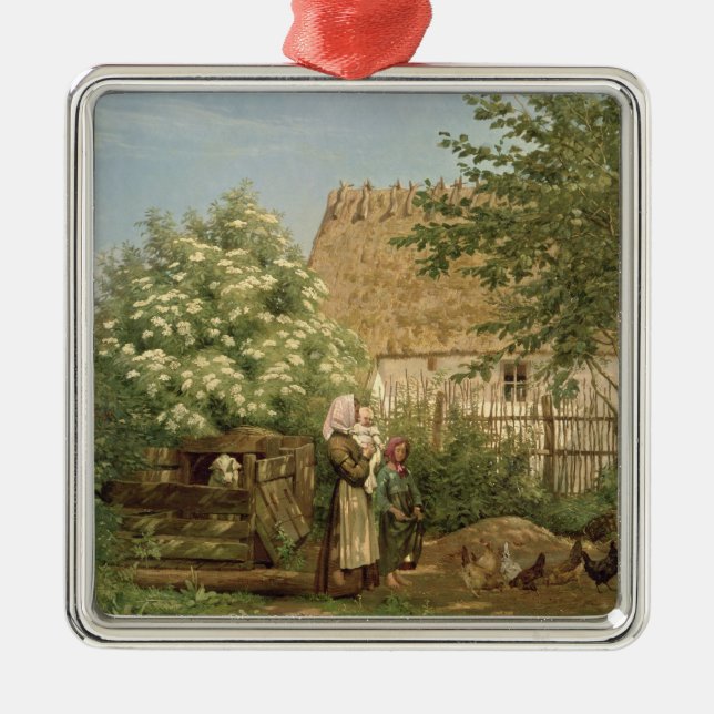 Füttern der Hühner Silbernes Ornament (Vorne)