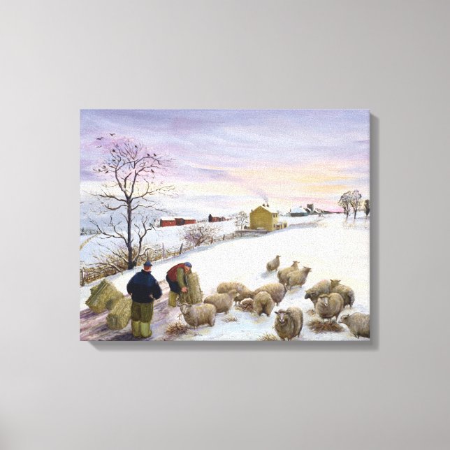 Fütternd Schafe im Winter Leinwanddruck (Vorderseite)