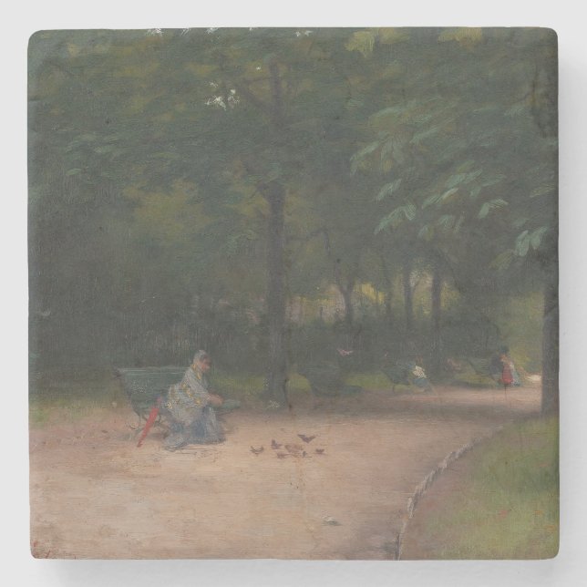 Fütternd Vögel im Park (von Paul Peel) Steinuntersetzer (Vorderseite)