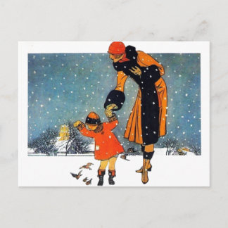 Fütternd Vögel im Schnee Postkarte