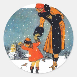 Fütternd Vögel im Schnee Runder Aufkleber