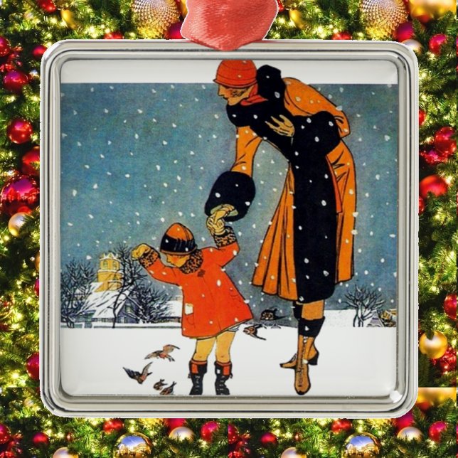 Fütternd Vögel im Schnee Silbernes Ornament (Von Creator hochgeladen)