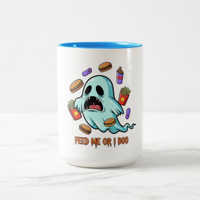 Füttre mich oder ich Boo Ghost Halloween Zweifarbige Tasse (Mittel)