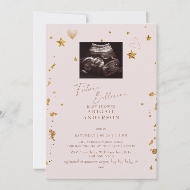 Future Ballerina Ultrasound Blush Baby Dusche Einladung (Vorderseite)