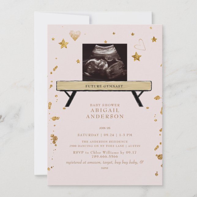Future Gymnast Ultrasound Blush Baby Dusche Einladung (Vorderseite)