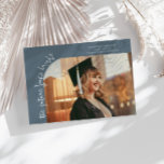 Future Looks Bright Slate Blue Curved Photo Ankündigung<br><div class="desc">Modern and whimsical graduation announcement photo card featuring a photo on the front and 1 on the back. The text says "the future looks bright" in quirky hand writing. Add the graduate's name,  information,  and message to personalize this card. Slate blue.</div>