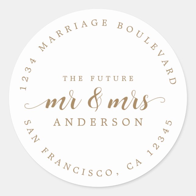 Future Mr. Mrs. Gold Script Rücksendeadresse Runder Aufkleber (Vorderseite)