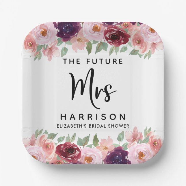 Future Mrs Burgundy Floral Brautparty Pappteller (Vorderseite)