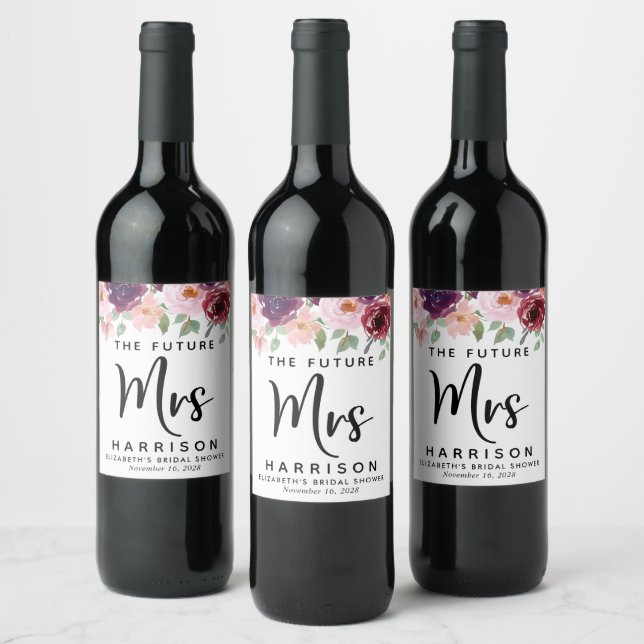 Future Mrs Burgundy Floral Brautparty Weinetikett (Flaschen)