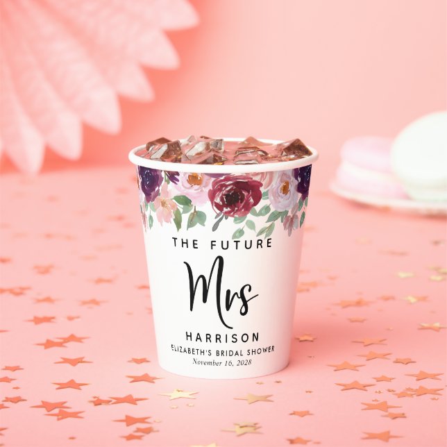 Future Mrs Burgundy Floral Custom Brautparty Pappbecher (Insitu)