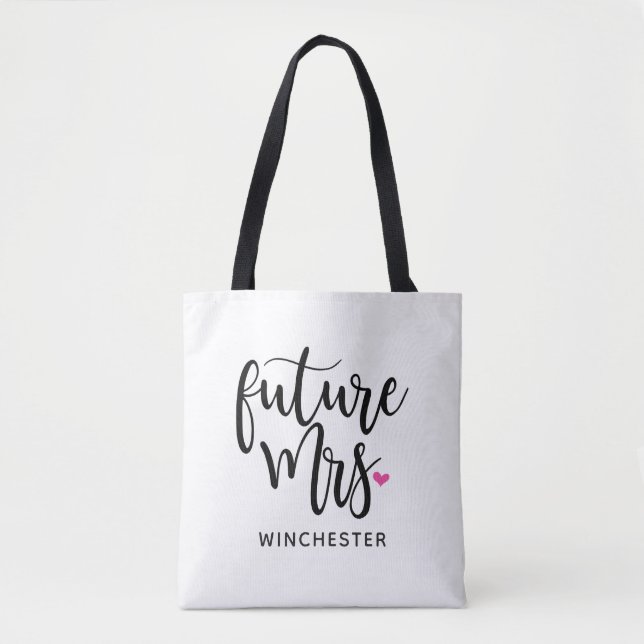 Future Mrs (Ihr Name) Black Script Tasche (Vorderseite)