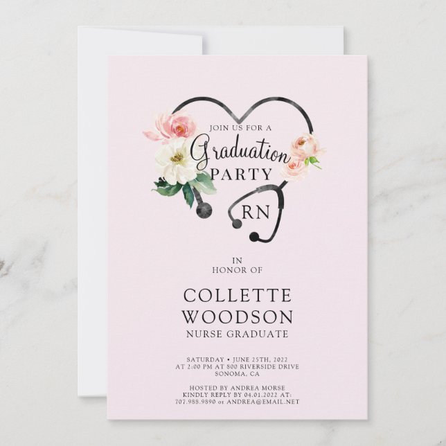 Future Nurse Abschluss Floral Stethoscope Pink Einladung (Vorderseite)