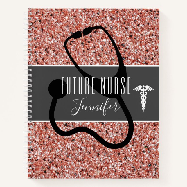 Future Nurse Medical Stethoscope Rosa Glitzer Name Notizbuch (Vorderseite)